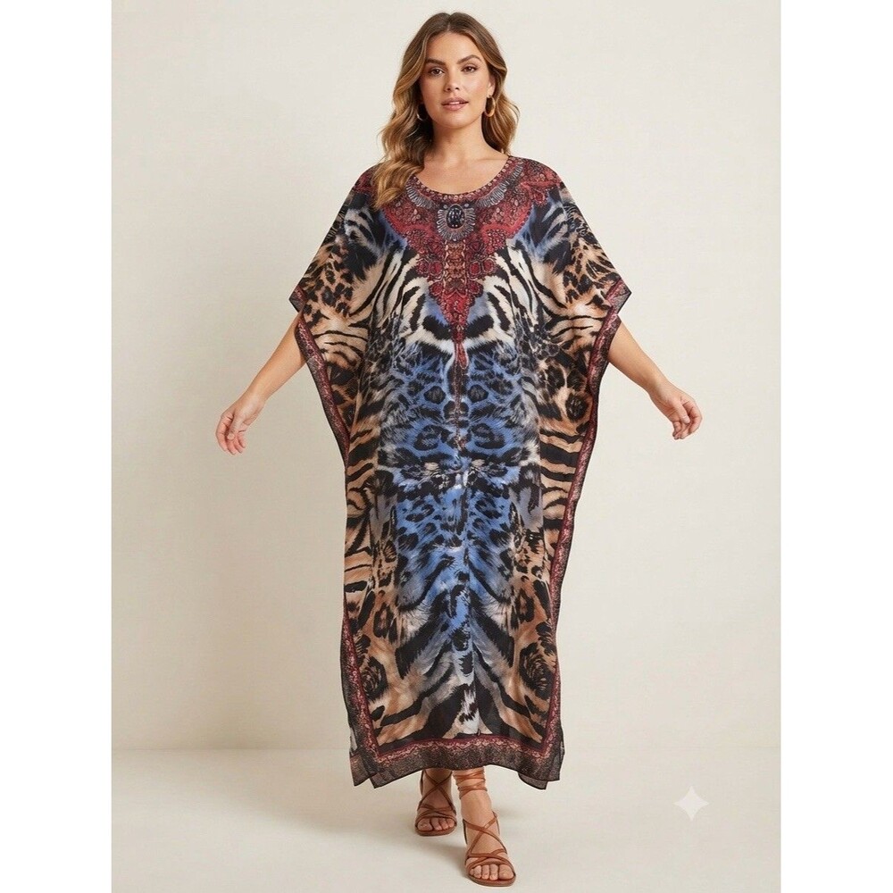 Phases Women's Kaftan Dress Cover Up One Size Blue Animal Print Bohemian Maxi
